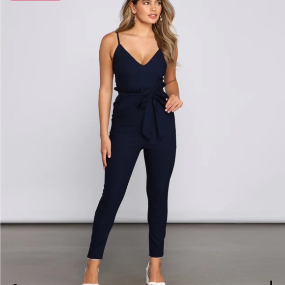 Windsor Navy Blue Spaghetti Strap Back Zip Sleeveless Jogger Style Jumpsuit - Picture 6 of 15